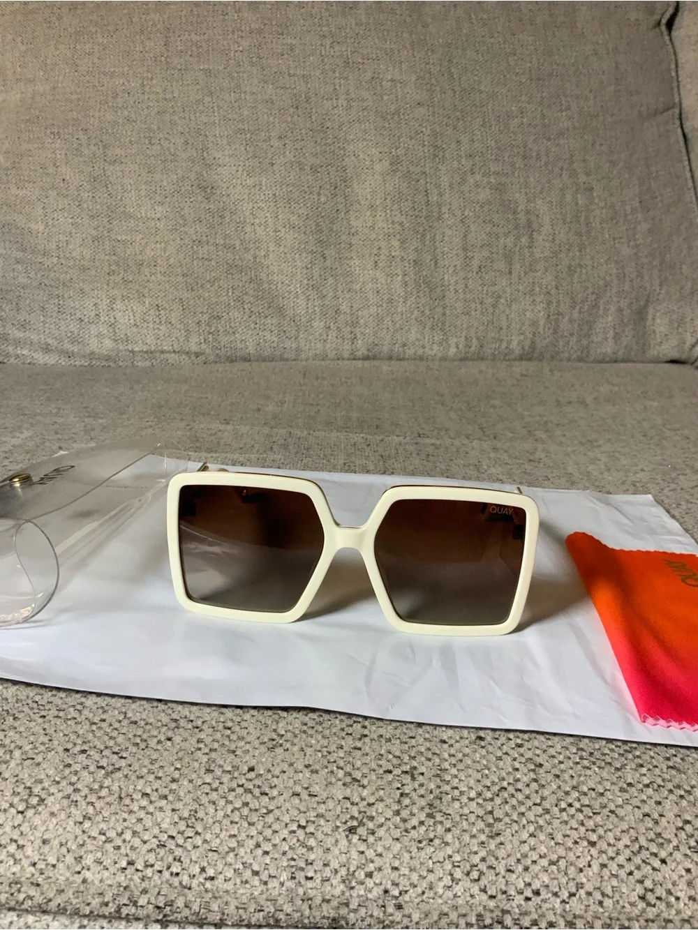 Quay Australia Cream Square Frame Sunglasses with Brown Gradient Lenses
